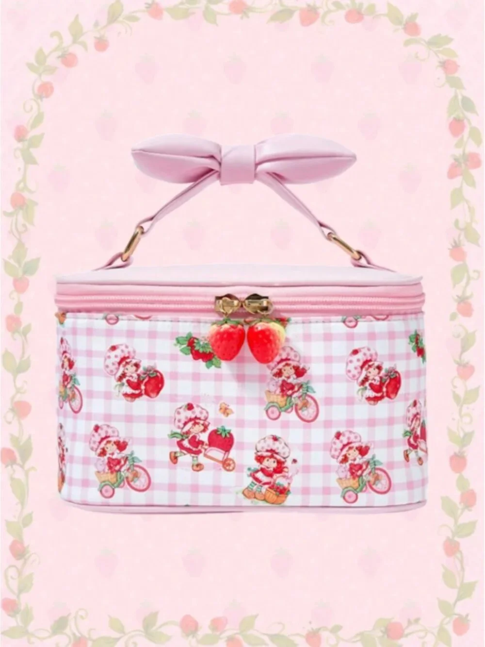 Strawberry Shortcake Cute Cartoon Padded Bow Cosmetic Bag Women's Case